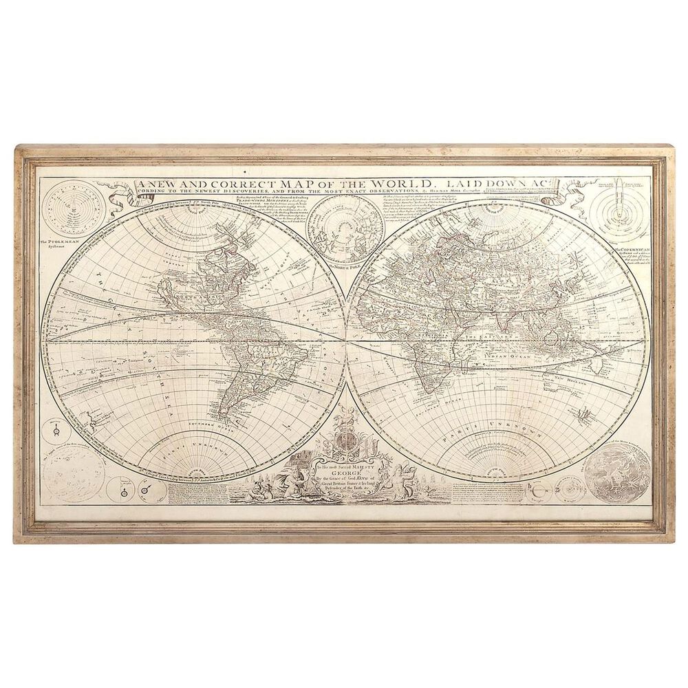 Maple and Jade 48" x 31" World Map Wall Art with Gold Frame in Beige, Black and Gray, , large