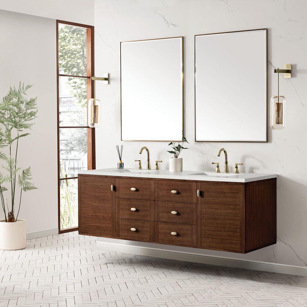 James Martin Vanities Amberly 72&quot; Double Bathroom Vanity in Mid-Century Walnut with Single Hole 3 cm White Zeus Quartz Top and Rectangular Sinks, , large