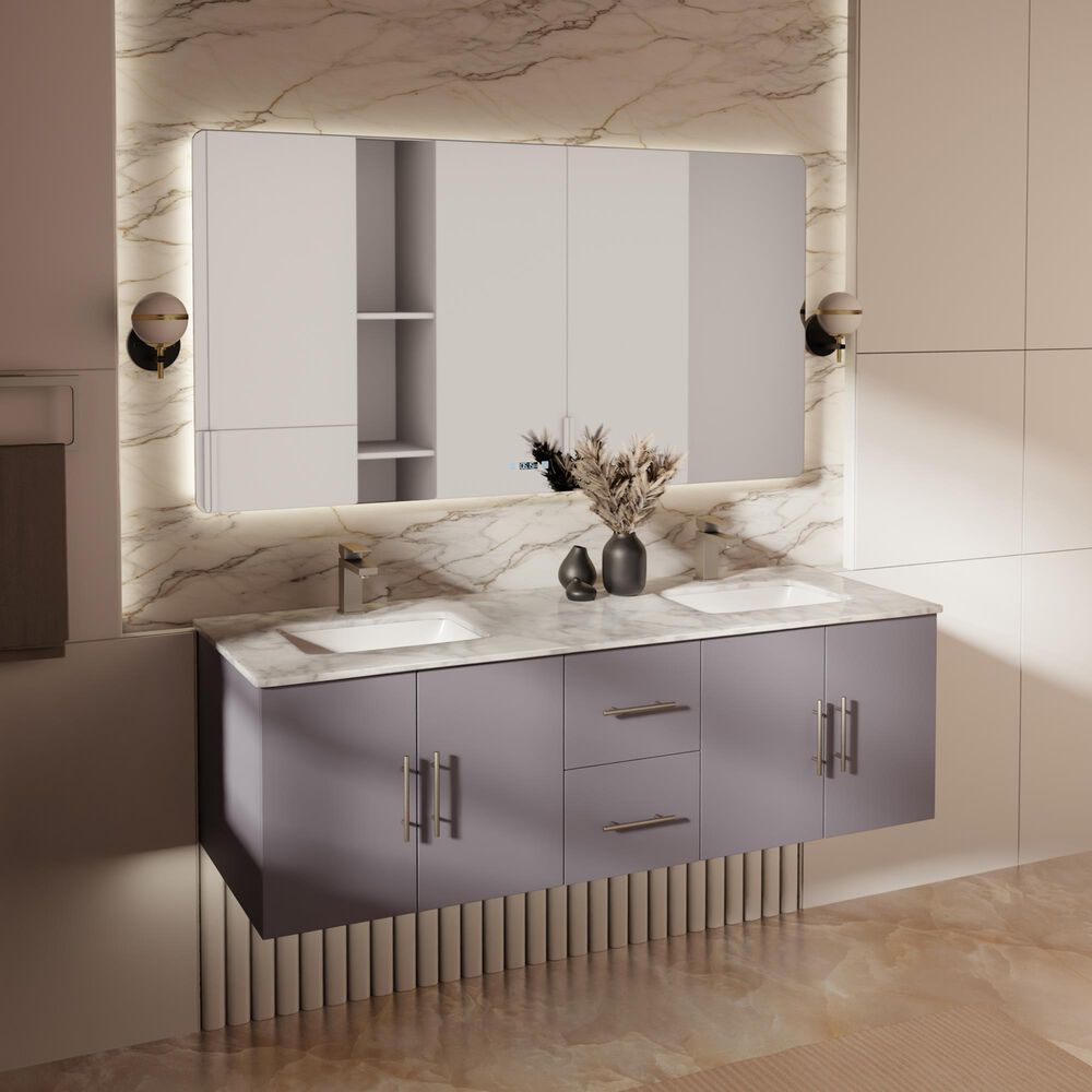 Lexora Home Geneva 60&quot; Double Bathroom Vanity in Dark Grey with 2 cm White Carrara Marble Top and Rectangular Sinks, , large