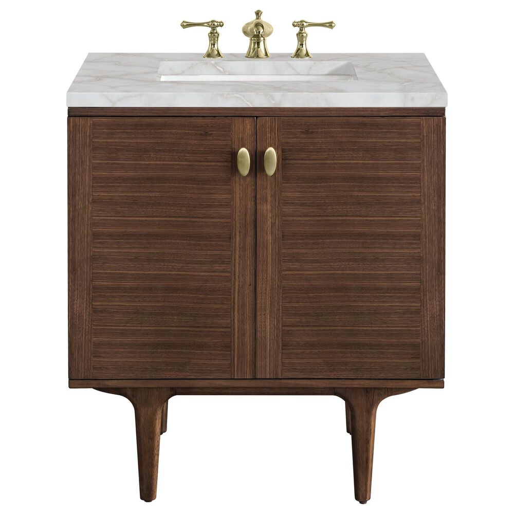 James Martin Vanities Amberly 30&quot; Single Bathroom Vanity in Mid-Century Walnut with 3 cm Victorian Silver Quartz Top and Rectangular Sink, , large