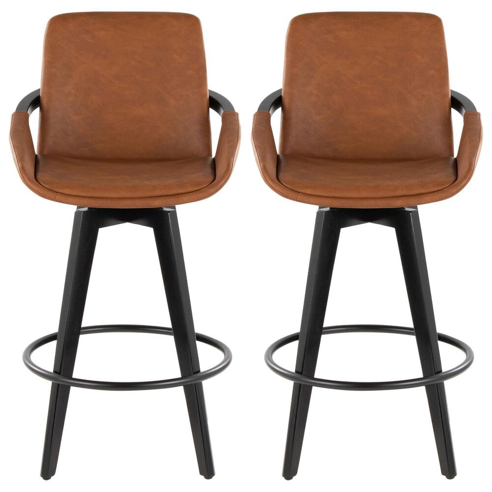 LumiSource Cosmo 26" Swivel Counter Stool with Camel Upholstery in Black (Set of 2), , large
