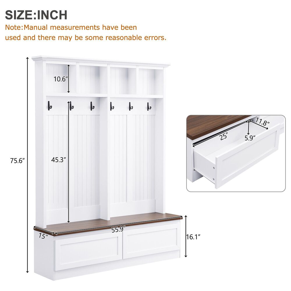 HOMLUX 6-Hook Hall Tree with Wood Grain Bench in White, , large