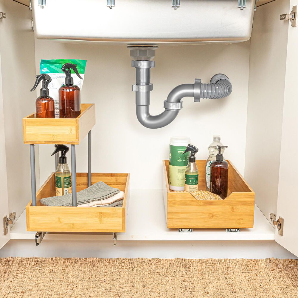 Household Essentials Glidez 2-Tier Pull-Out Storage Organizer for Under Sink or Cabinet Usein Natural and Chrome, , large