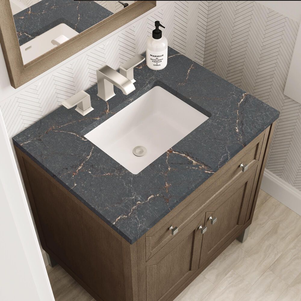 James Martin Vanities Chicago 30&quot; Single Bathroom Vanity in Whitewashed Walnut with 3 cm Parisien Bleu Quartz Top and Rectangular Sink, , large