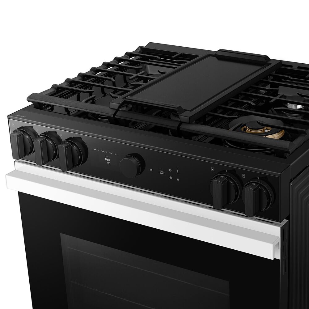 Samsung Bespoke Bespoke 6.0 Cu. Ft. Smart Slide-In Gas Range with Non-stick Griddle and 18K BTU Brass Burner in White Glass, , large