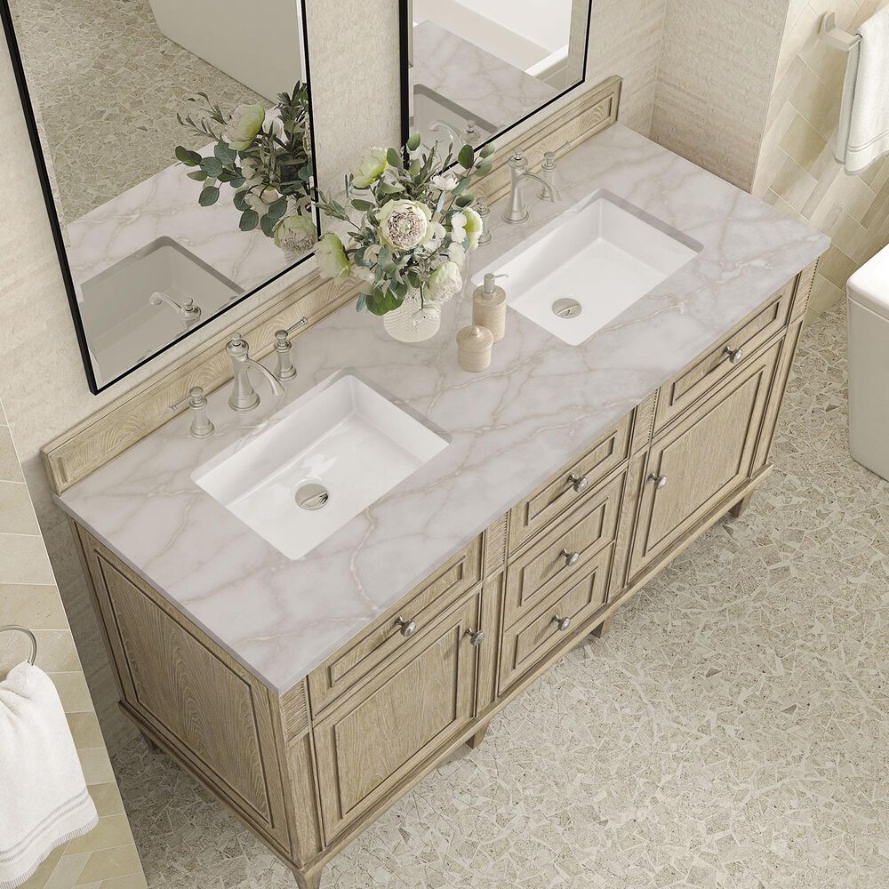 James Martin Vanities Lorelai 60&quot; Double Vanity in Whitewashed Oak with 3 cm Victorian Silver Quartz Top, , large
