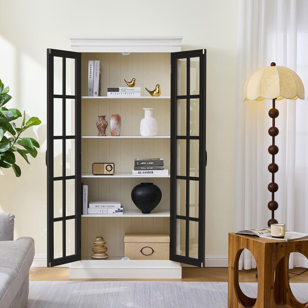 Hearth and Haven 71.2'' Freestanding Glass Door Pantry with Adjustable Shelves in White and Black, , large
