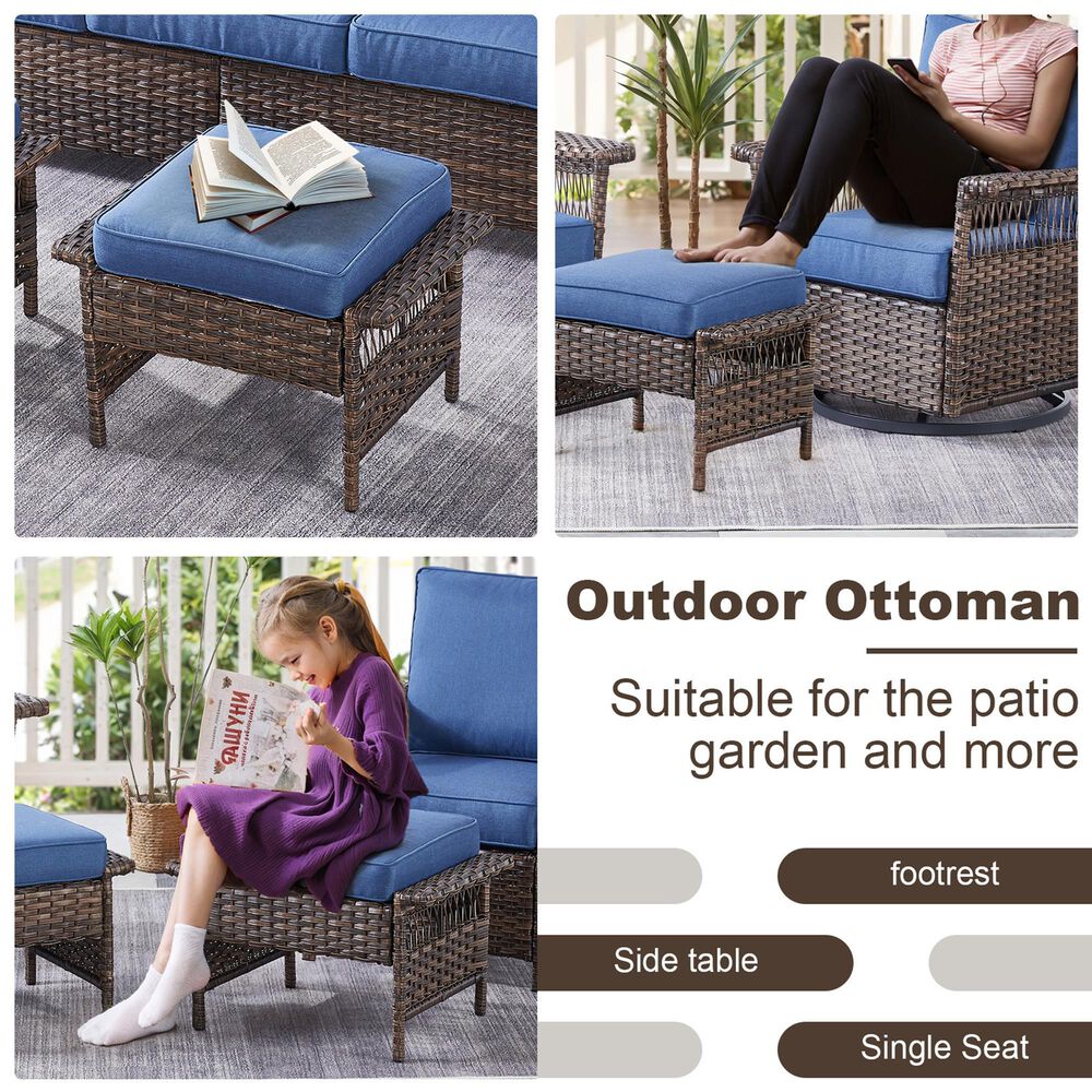 Sunwell Garden Outdoor Ottoman with Navy Cushion in Brown (Set of 2), , large