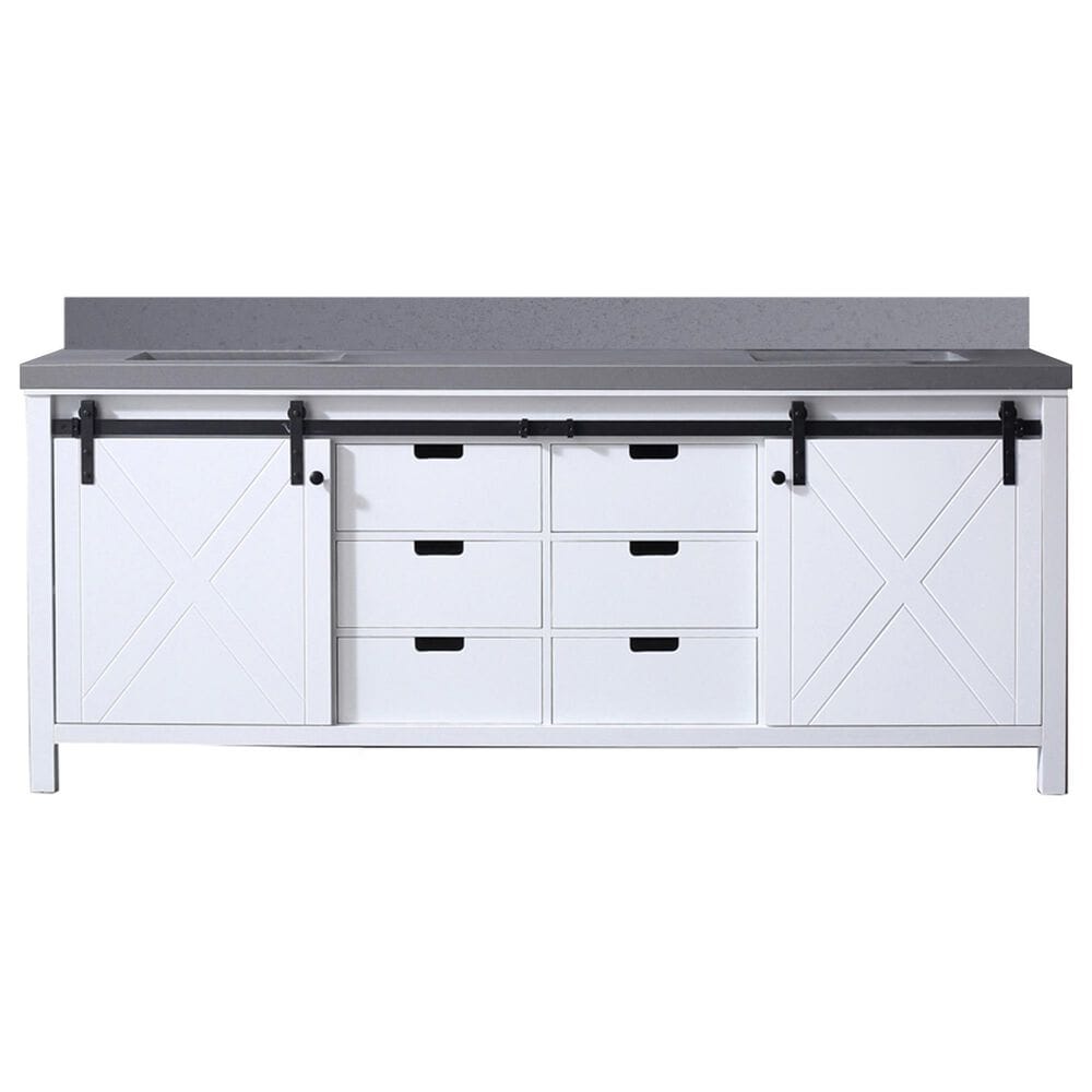 Lexora Home Marsyas 84" Double Bathroom Vanity in White with Grey Quartz Top and Rectangular Sinks, , large