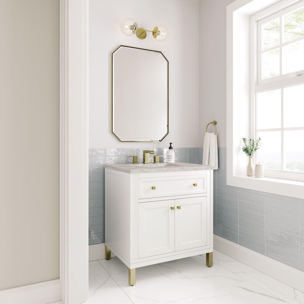James Martin Vanities Chicago 30&quot; Single Bathroom Vanity in Glossy White with 3 cm Victorian Silver Quartz Top and Rectangular Sink, , large