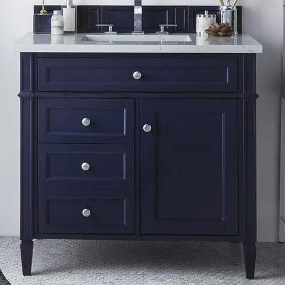 James Martin Vanities Brittany 36&quot; Single Bathroom Vanity in Victory Blue with 3 cm Carrara White Marble Top and Rectangle Sink, , large