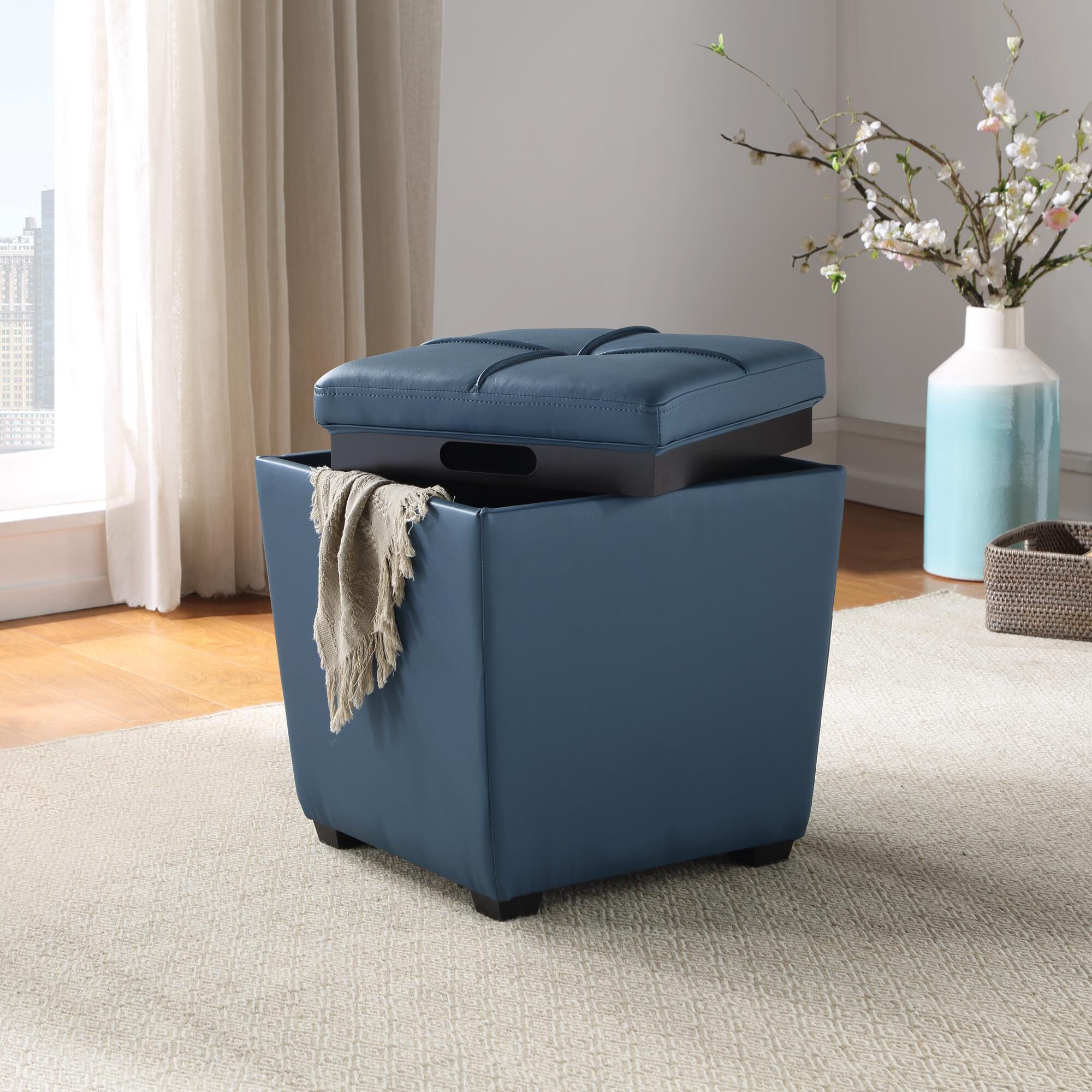 Blue ottoman with shop tray