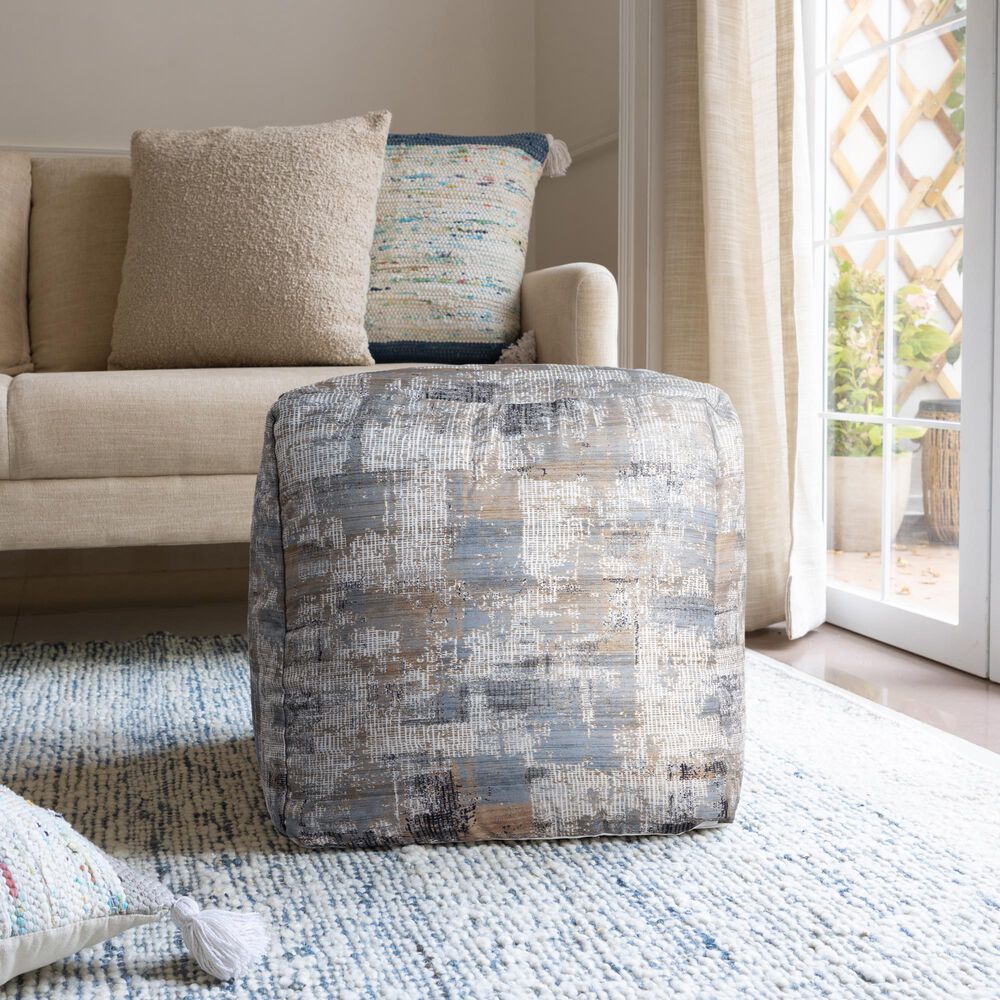LR Home 18" Square Abstract Pouf in Taupe and Blue, , large