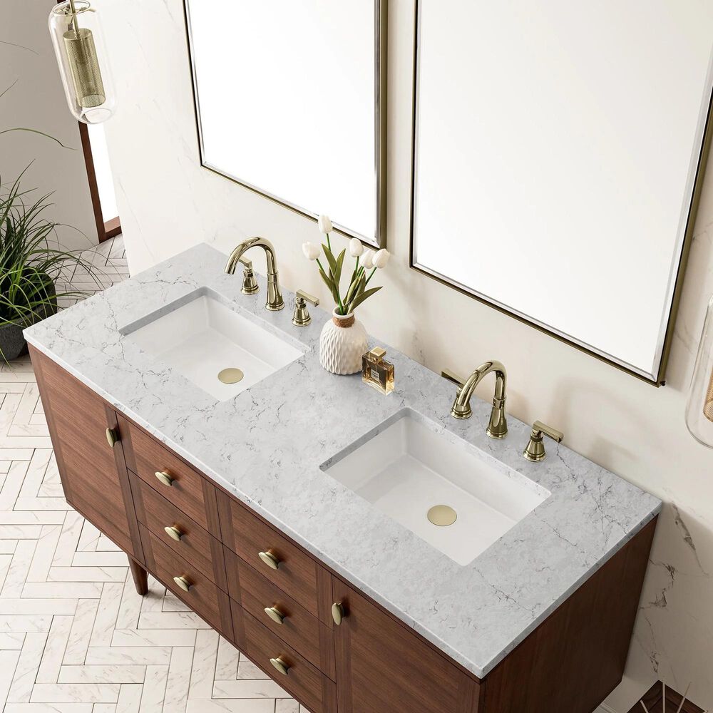 James Martin Vanities Amberly 60&quot; Double Bathroom Vanity in Walnut with 3 cm Eternal Jasmine Pearl Quartz Top and Rectangular Sinks, , large