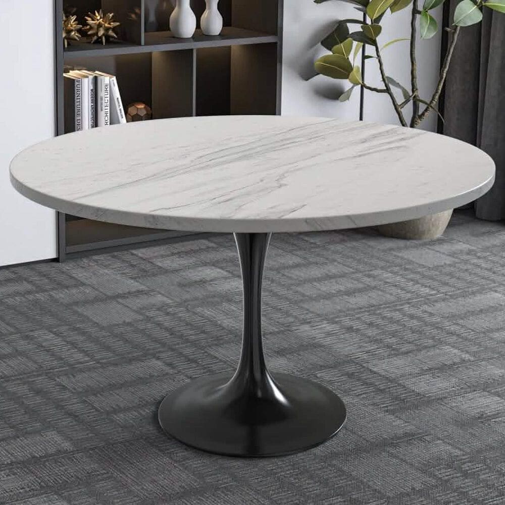 Leisuremod LeisureMod Verve Collection 48 Round Dining Table, Black Base with Laminated White Marbleized Top, , large