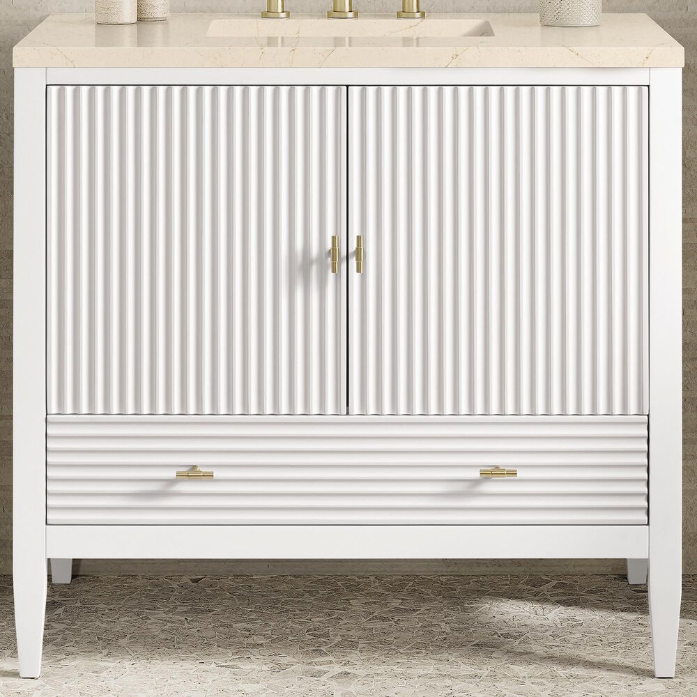 James Martin Vanities Myrrin 36&quot; Vanity in Bright White with 3 cm Eternal Marfil Quartz Top, , large