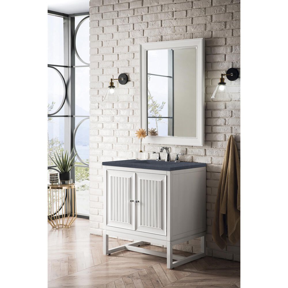 James Martin Vanities Athens 30&quot; Single Bathroom Vanity in Glossy White with 3 cm Charcoal Soapstone Quartz Top and Rectangular Sink, , large