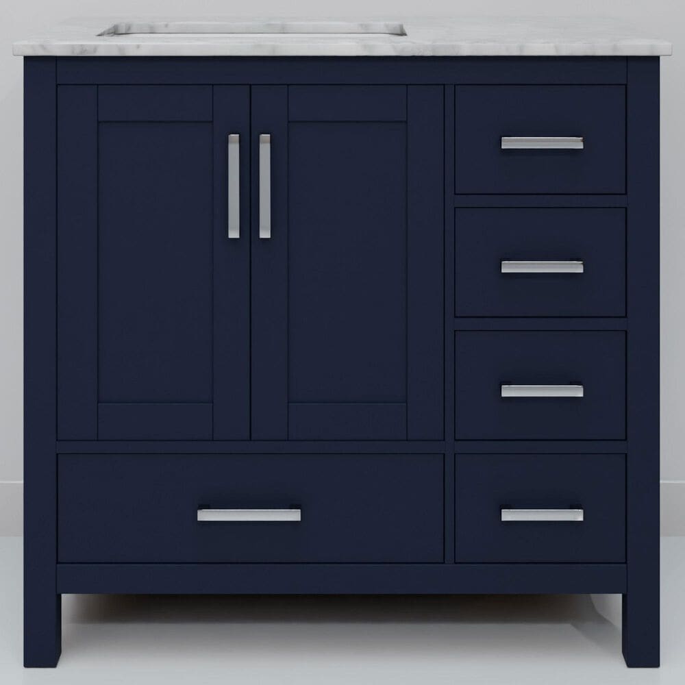 Lexora Home Jacques 36" Left Offset Single Bathroom Vanity in Navy Blue with 2 cm White Carrara Marble Top and Rectangular Sink, , large