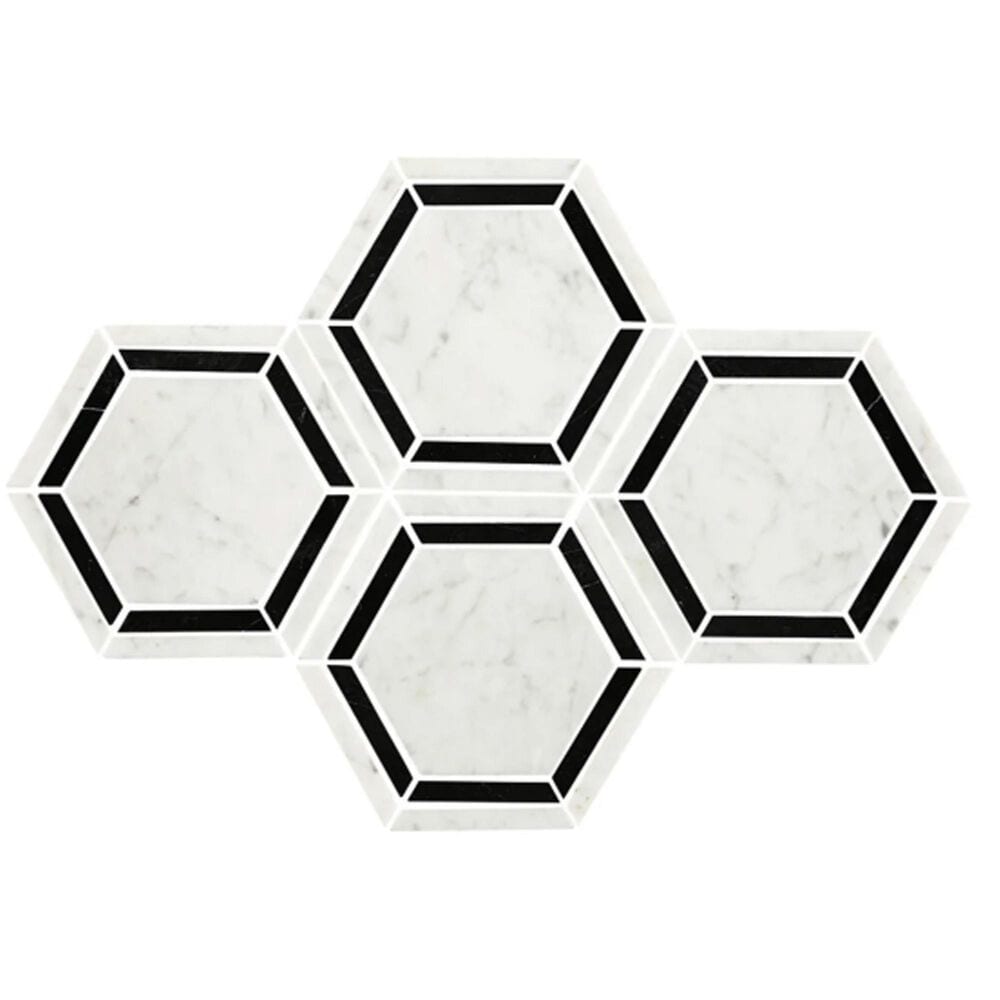 Dal-Tile Black and White Honed 6" x 6" Hexagon Marble Mosaic Sheet, , large