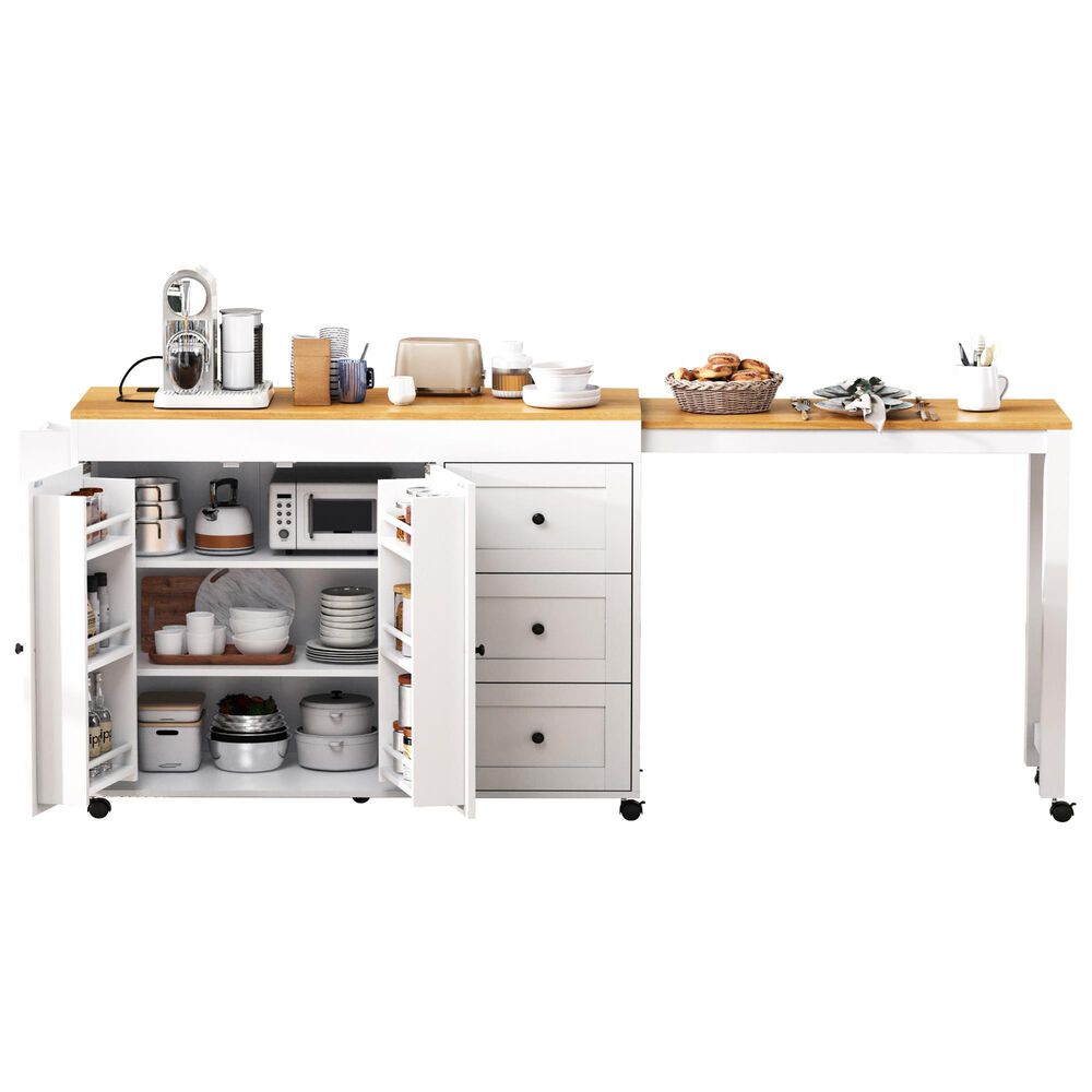 HOMLUX 74.8" Kitchen Island with Extendable Dining Table in White and Natural, , large