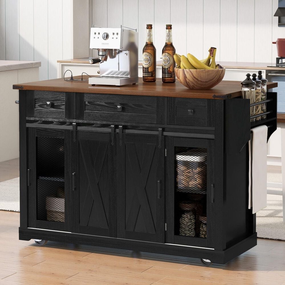 HOMLUX 58" Kitchen Island with Drop Leaf in Black and Brown, , large