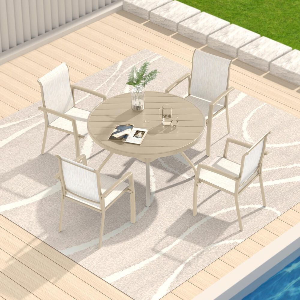 Hearth and Haven 5-Pieces Outdoor Dining Set with Stackable Chairs and Round Table in Sandstone, , large