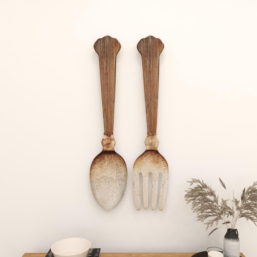 Maple and Jade 38&quot; x 8&quot; Farmhouse Kitchen Utensils Wall Decor in Brown and Silver &#40;Set of 2&#41;, , large
