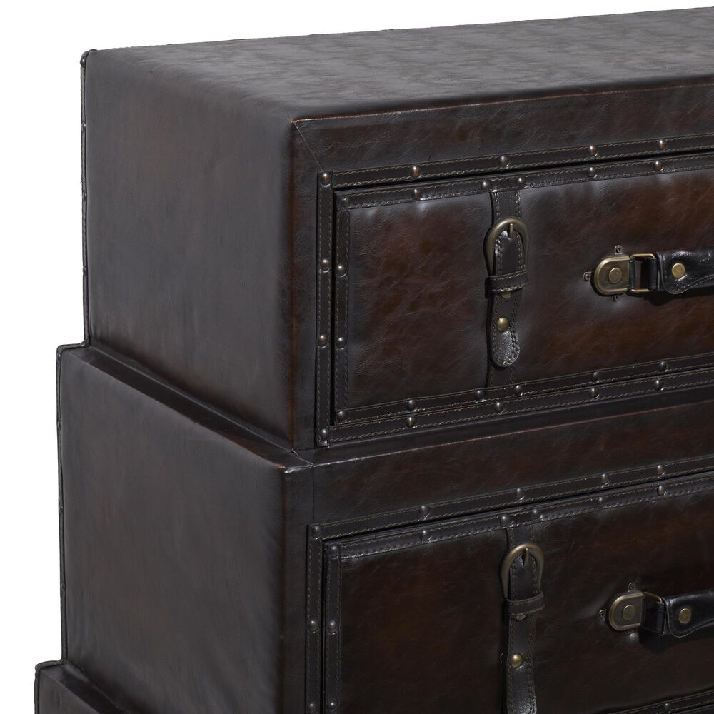 Maple and Jade 3-Drawer Vintage Faux Leather Room Chest with Buckles and Straps Details in Brown, , large