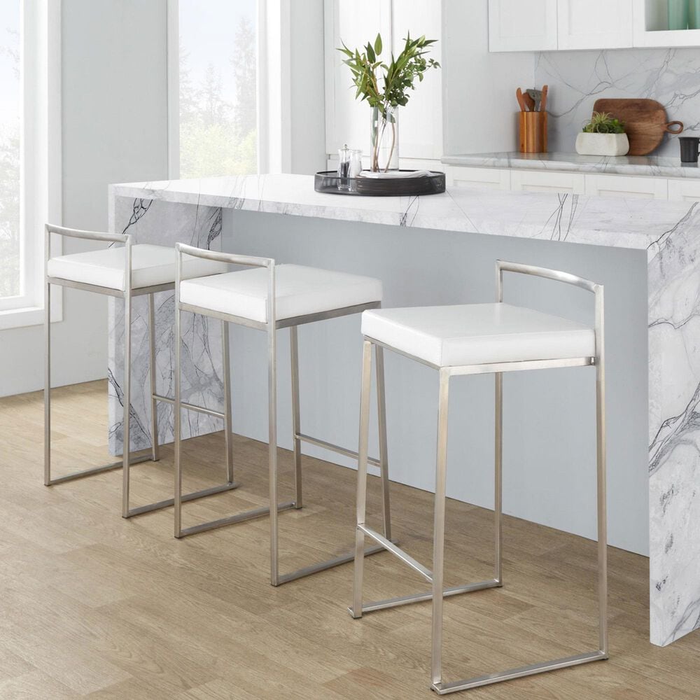 Lumisource Fuji Stackable Counter Stool with White Faux Leather in Brushed Stainless Steel &#40;Set of 2&#41;, , large
