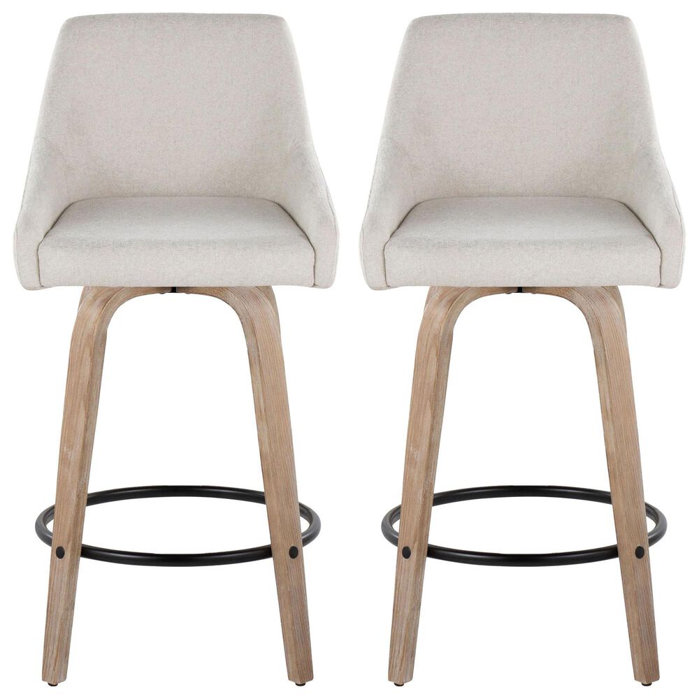 LumiSource Hannah Swivel Counter Stool with Cream Fabric Upholstery in Whitewashed and Black (Set of 2), , large