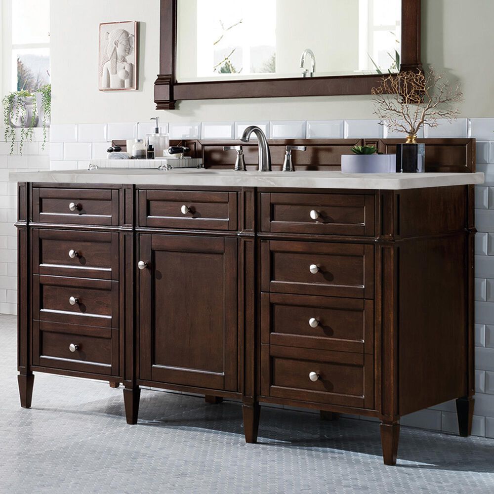 James Martin Vanities Brittany 60" Single Bathroom Vanity in Burnished Mahogany with 3 cm Eternal Jasmine Pearl Silestone Top, Rectangular Sink and FreePower Wireless Charger, , large