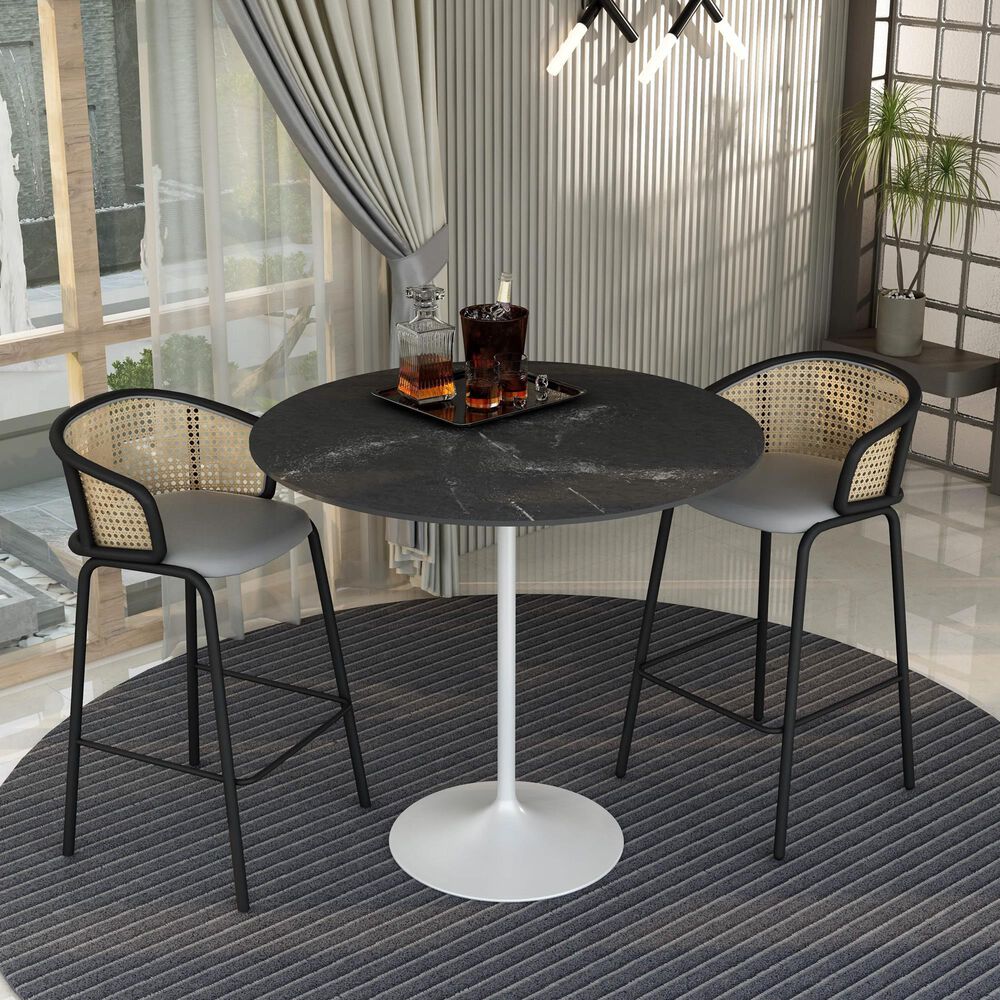 Leisuremod LeisureMod Verve Collection Modern Bar Height Table White Base with 48 Round Black Marbelized MDF Top, , large