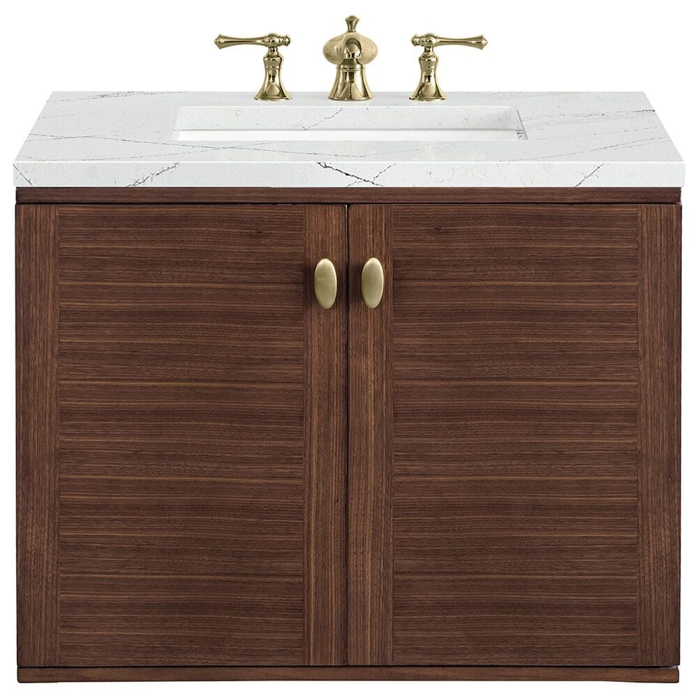 James Martin Vanities Amberly 30&quot; Single Bathroom Vanity in Walnut with 3 cm Ethereal Noctis Quartz Top and Rectangular Sink, , large