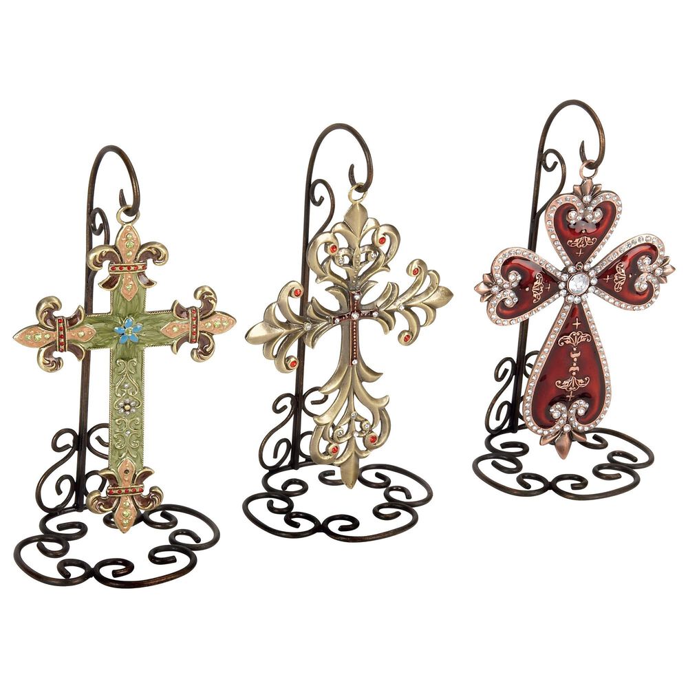 Maple and Jade Crosses with Stands in Black, Brown, Green and Gold (Set of 3), , large