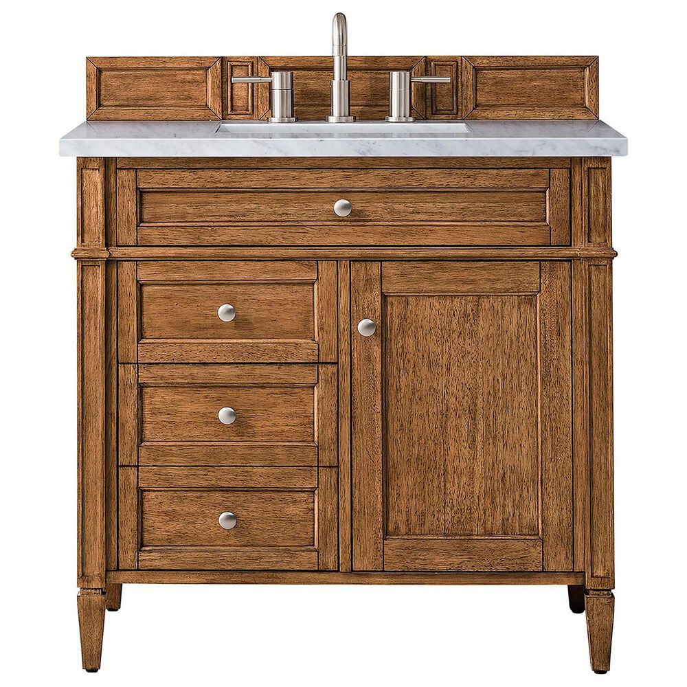 James Martin Vanities Brittany 36" Single Bathroom Vanity in Saddle Brown with 3 cm Eternal Jasmine Pearl Quartz Top and Rectangular Sink, , large