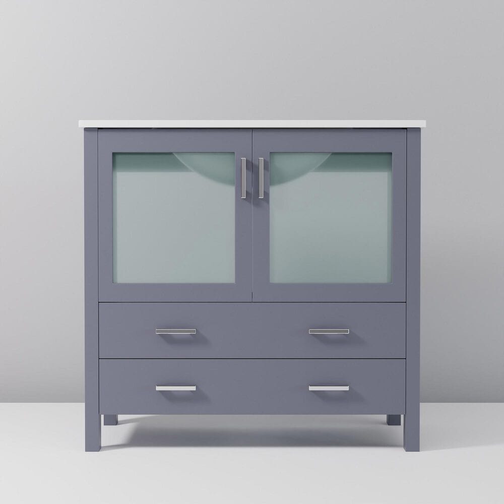 Lexora Home Volez 36&quot; Single Bathroom Vanity in Dark Grey with 2 cm White Ceramic Top and Rectangular Sink, , large