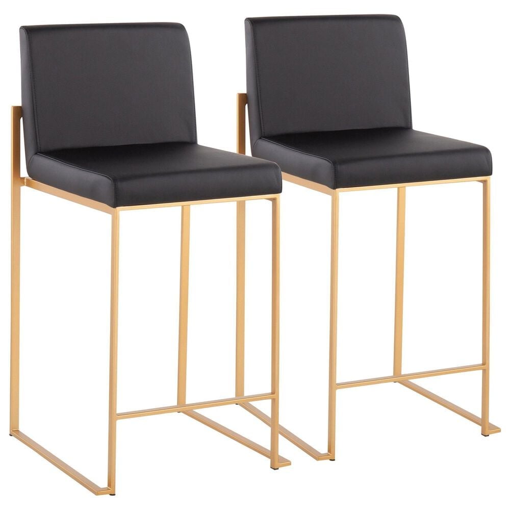 Lumisource Fuji High Back Counter Stool with Black Faux Leather Cushion in Gold (Set of 2), , large