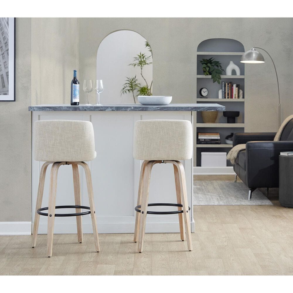 LumiSource Toriano Swivel Bar Stool with Cream Fabric Upholstery in Whitewashed and Black (Set of 2), , large
