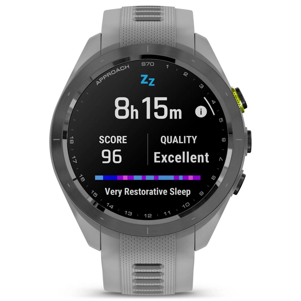 Garmin Approach S70 Smartwatch 41mm Black and Amp Yellow Ceramic Bezel Case with Powder Gray Silicone Band, , large