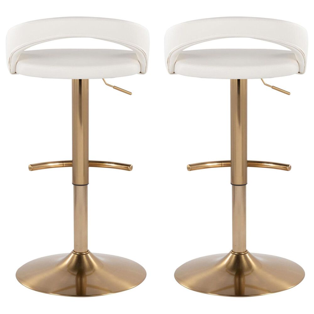 LumiSource Grotto Adjustable Bar Stool with White Faux Leather Upholstery in Gold (Set of 2), , large