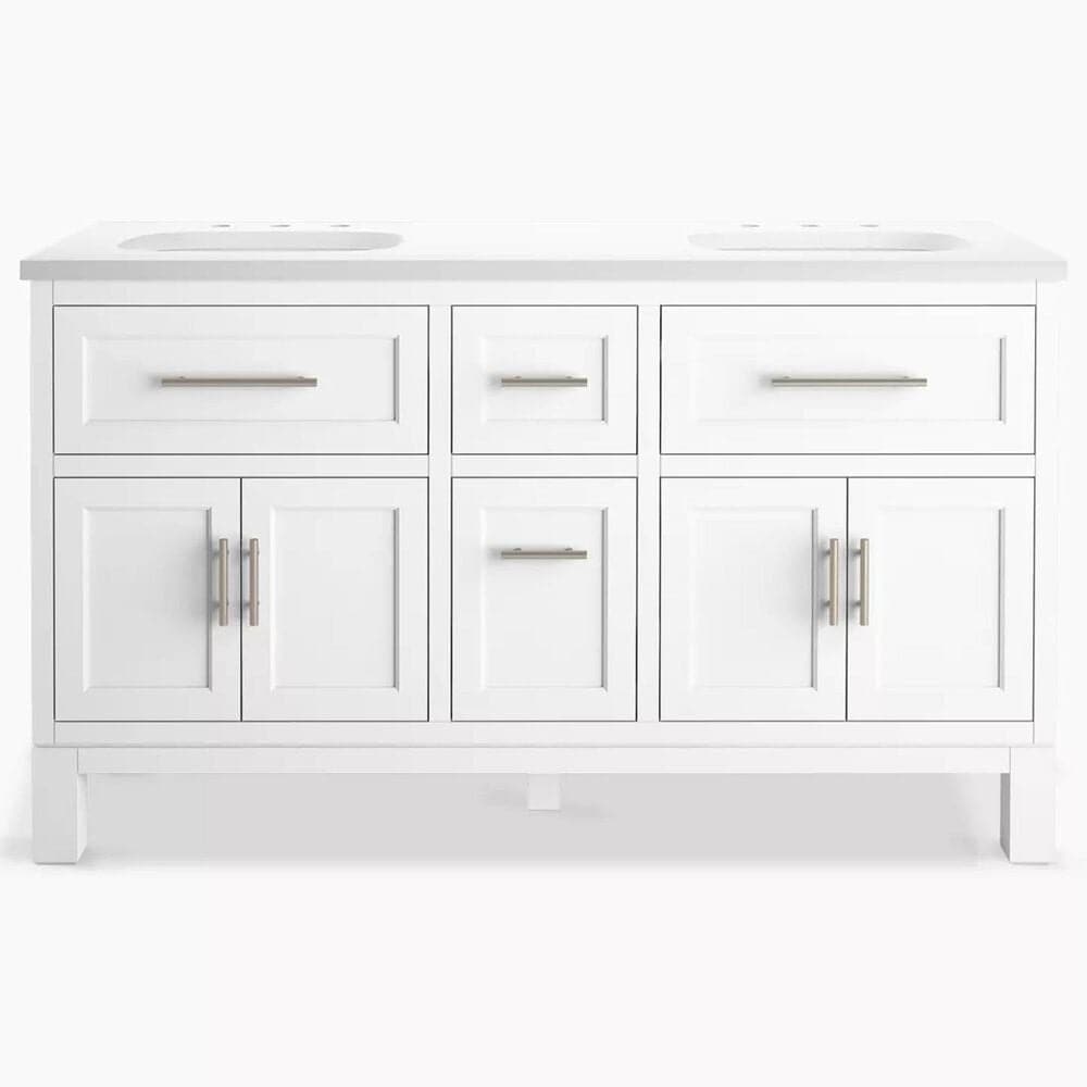 Kohler Quo 60&quot; Double Bathroom Vanity in White with 3 cm Pure White Quartz Top and Oval Sinks, , large