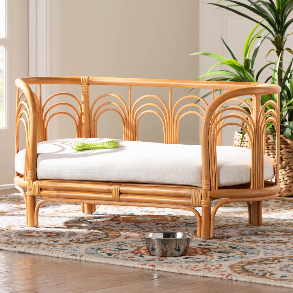 Baxton Studio Nariko Rattan Pet Bed with Removable Cushion in Light Honey, , large