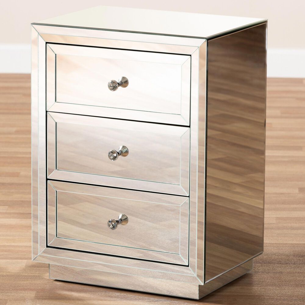 Baxton Studio Lina Mirrored 3-Drawer End Table in Silver, , large