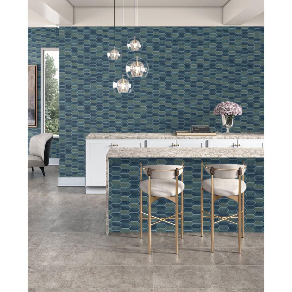 Dal-Tile Miramo Aqua 2&quot; x 5&quot; Picket Undulated on 12.25&quot; x 11.125&quot; Ceramic Mosaic Sheet, , large