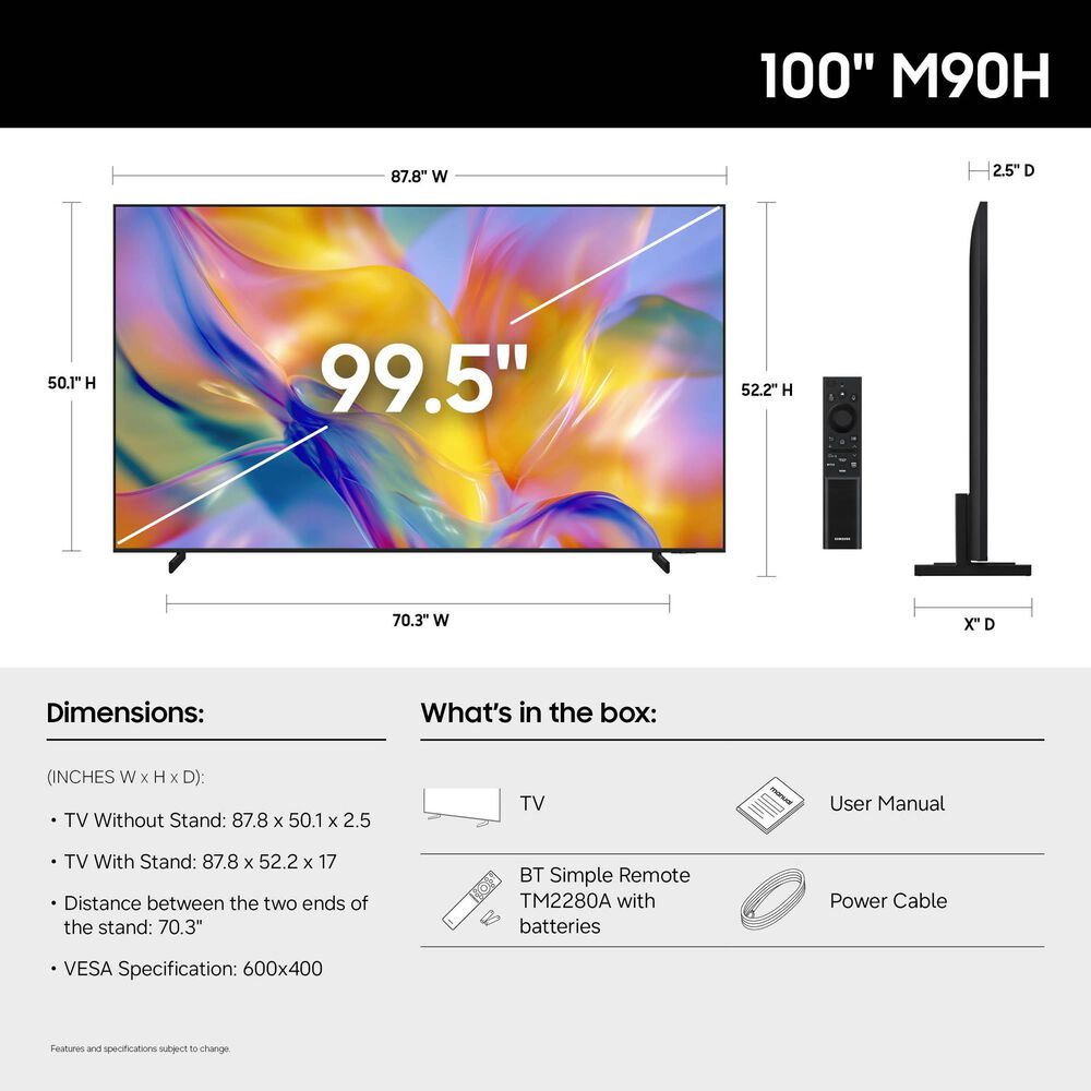 Samsung 100" Mini LED 4K M90H Samsung Vision AI Smart TV with Q-Series 3.1.2 Channel Soundbar System in Graphite Black, Black and Titan Black, , large