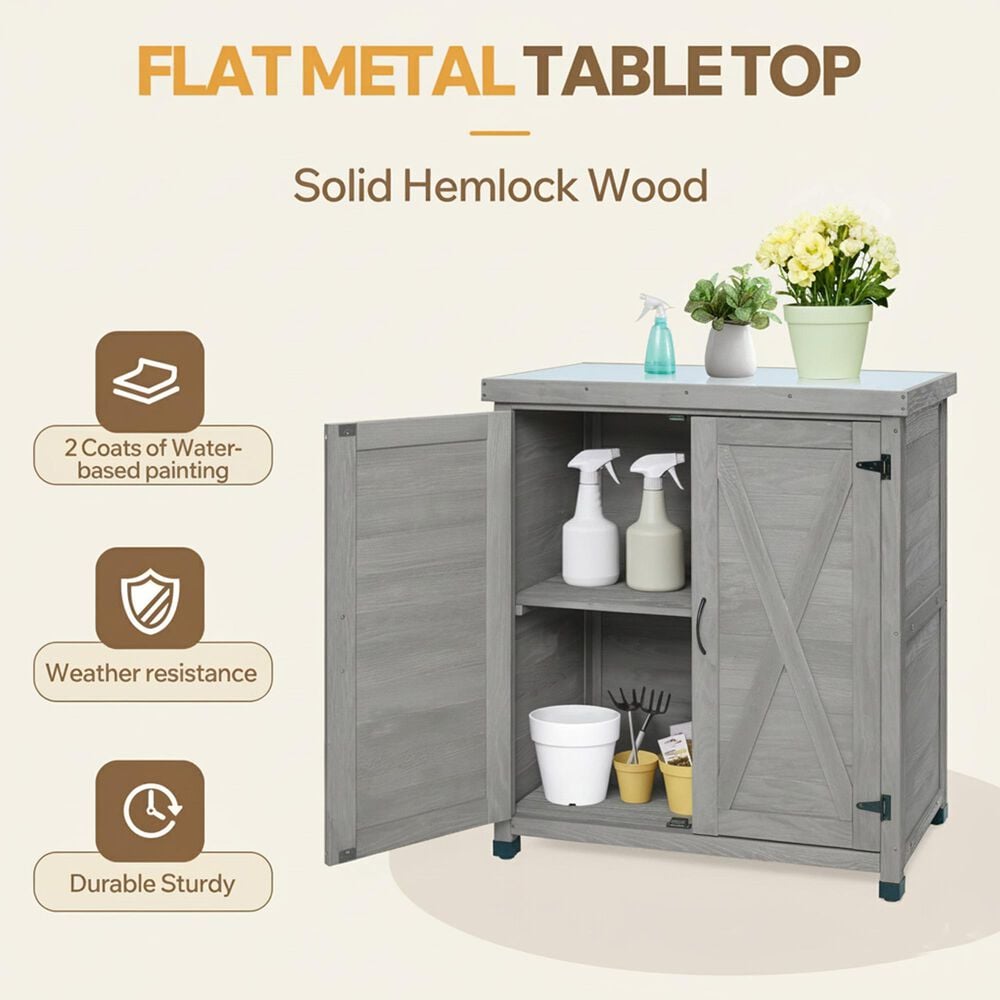 Hearth and Haven Outdoor Wooden Storage Cabinet with Metal Top and Adjustable Protective Footpad in Gray, , large