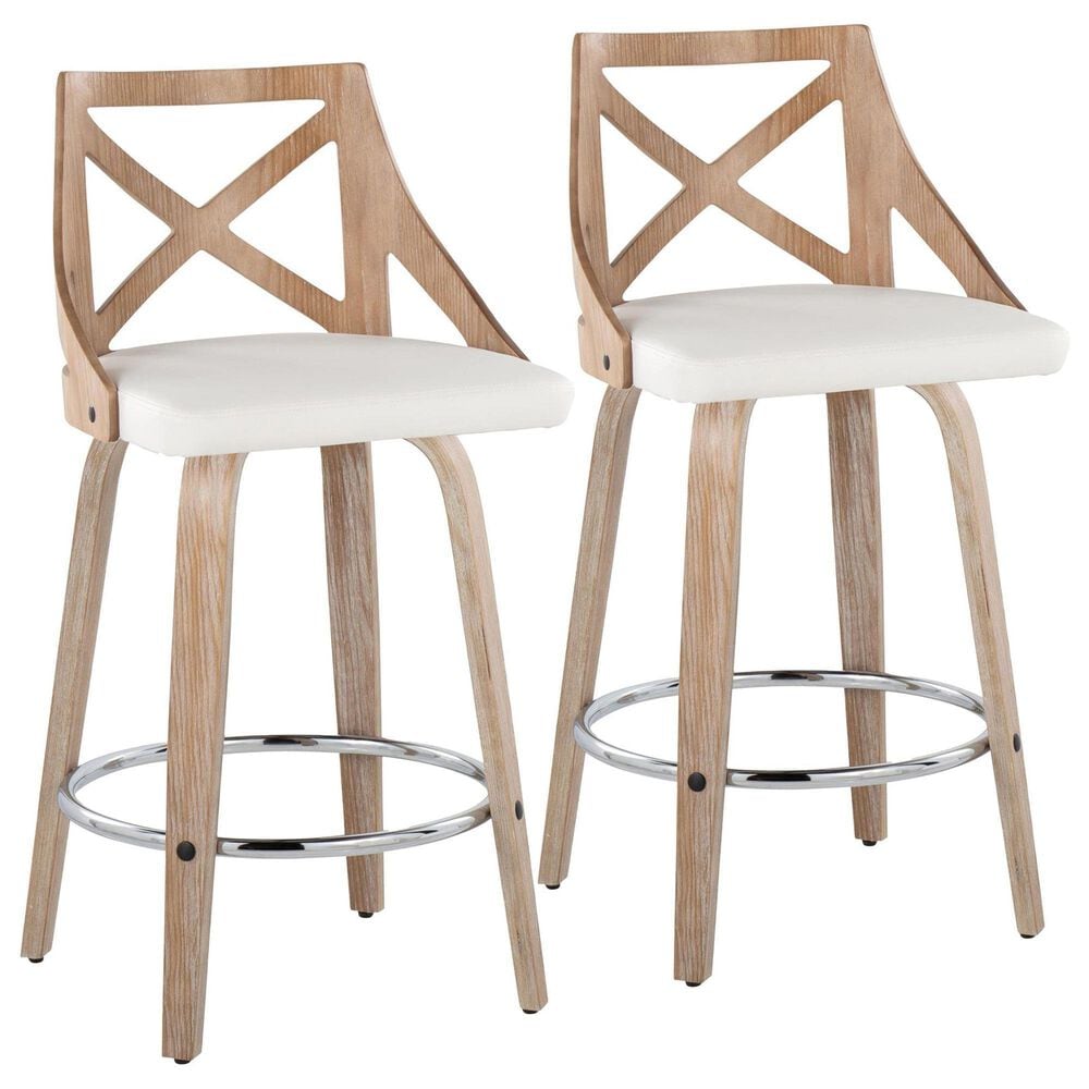 LumiSource Charlotte Swivel Counter Stool with White Faux Leather Upholstery in Whitewashed and Chrome (Set of 2), , large