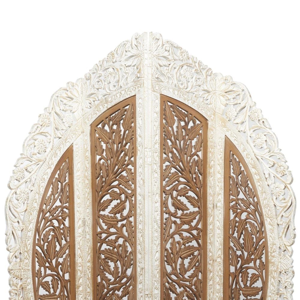Maple and Jade 4-Panel Partition Room Divider Screen with Carved Designs in Brown and White, , large