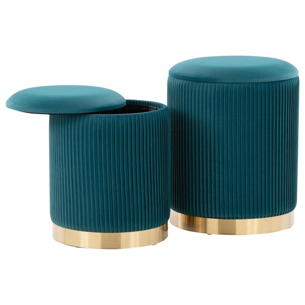 Lumisource Marla 2-Piece Nesting Pleated Ottoman Set Peacock Teal, , large