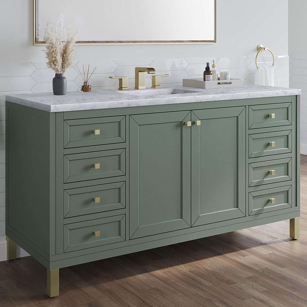James Martin Vanities Chicago 60&quot; Single Bathroom Vanity in Smokey Celadon with 3 cm Carrara White Marble Top and Rectangular Sink, , large